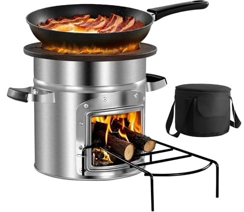 VEVOR Fornello a Razzo da Campeggio, Fornello a Legna Portatile in Acciaio Inox con Borsa per Trasporto, Porta Singola, Forno a Razzo Portatile per Cottura da Esterno, Escursioni, Campeggio
