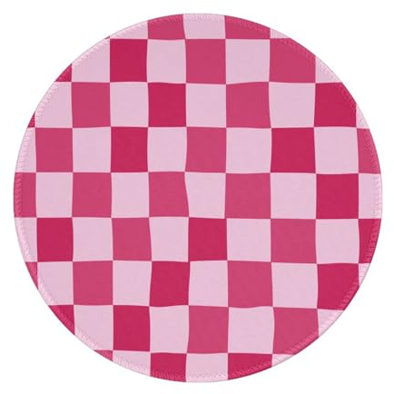 Tapis de souris rond - Motif damier rose - 20,3 x 20,3 cm - Pour ordinateur portable - Protection de bureau - Avec base en caoutchouc antidérapant