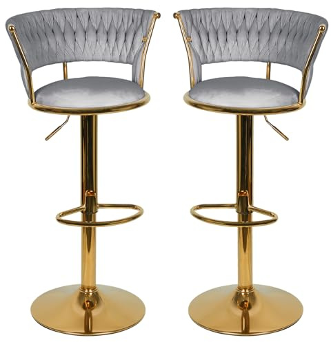 Barstuhl aus Samt, Barhocker, Design mit Beinen aus vergoldetem Metall, Thekenstühle und moderne Küche (goldene Beine, Grau, 2 Stück)