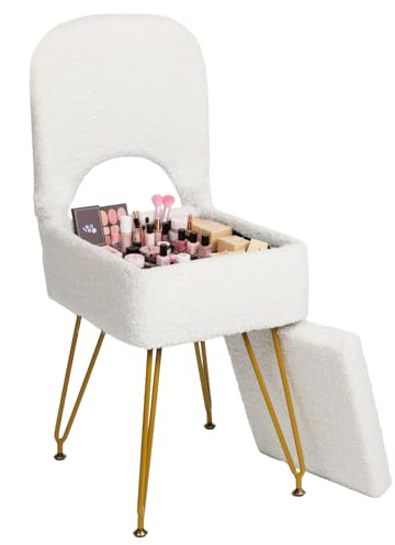 ABQ Vanity Chair with Storage, Faux Fur Dressing Table Chair & Vanity Stool for Makeup, Foldable Backrest Ottoman for Bedroom, Dressing Room, Living Room, White