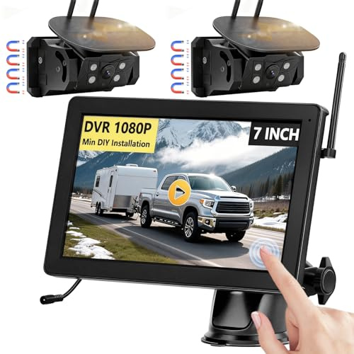 VASTEND Kit con 2 Telecamere Retromarcia Wireless Magnetiche e Solari, Monitor 7 Pollici 1080P, Batteria 9600mAh, Visione Notturna, per Auto, Camion, Rimorchio, Camper (VS-7C2)