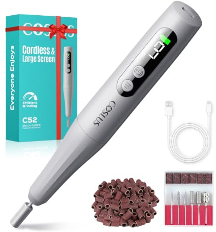 COSLUS C52 Cordless Electric Nail Drill File: Professional Nail Drill Kit with LED Screen for Acrylic Gel Nails, Portable for Home DIY & Salon Use, Manicure Pedicure for Beginners, Women, Dark Gray