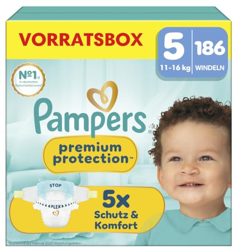 Pampers Premium Protection Größe 5, 186 Windeln, 11kg-16kg | unser Nr. 1 Haut- und Auslaufschutz
