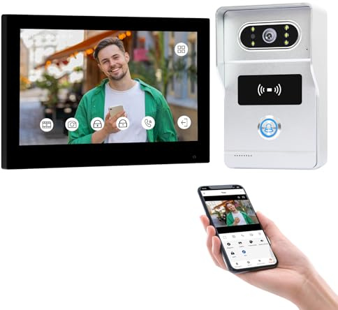 FTes RFKits Telefonillo Portero Automático con Cámara, Videoportero 2 Hilos | 1080P Visión Nocturna, Monitor Táctil 7, WiFi 2,4 GHz App Tuya, 5 Tarjetas RFID 125 kHz, Memoria 32 GB, Doble cerradura