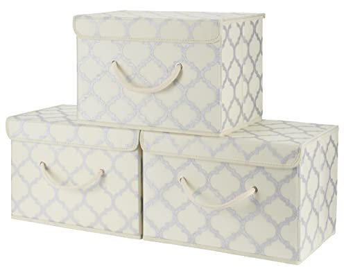 Cream/Metallic Fabric Storage Boxes with lids, Stackable and Foldable. For wardrobes, shelves, clothes, bedroom, office, cupboard, keepsake box, crafts, toys, shoes, socks. Rope Handle 3pk 37x25x25cm