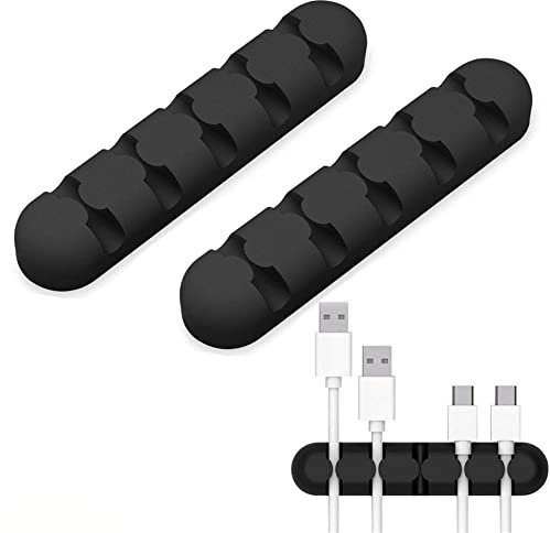 2 Pack Dubens Cable Holder 5 Channel Cable Management System Cable Organiser Wire Storage Silicone Desktop Charger + House and Cable Clip for Figure of 8 Power Charger Cord Black