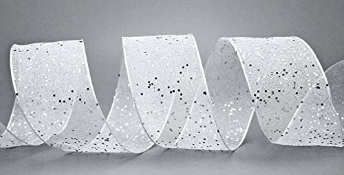 Dekoband GLITZER WEISS SILBER 3 m x 40 mm Stoffband Transparent glänzend Organza Band mit Drahtkanten elegant Weihnachten Advent Geburtstag Premium glitter ribbon