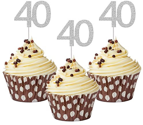 Sumerk 24PCS 40 Cupcake Toppers Silver Glitter 40th Birthday Cupcake Picks Anniversary Party Decorations