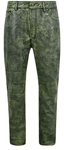 Herren Lederhose Biker Vollnarben gewachste Rindsleder Rock Jean Style Hose 501 (40, Schwarzgrünes Wachs)