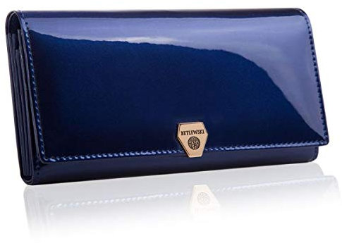 BETLEWSKI - Große Geldbörse für Damen aus Leder RFID Blocker Karten Portemonnaie Geldbeutel Damen mit Zertifikat Ledergeldbörse mit vielen Kartenfächer und Münzfach Dunkelblau 18,5 x 9,5 x 3,5 cm