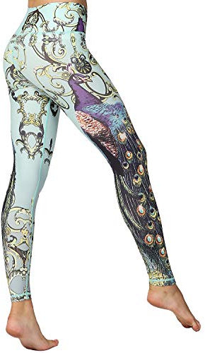 HAPYWER Yoga Leggings Damen High Waist Gym Sport Leggings Tummy Control Yoga Hosen Running Workout Kompressionsstrumpfhose Stretch Trainingshose mit Aufdruck-Pfauengrün-XL