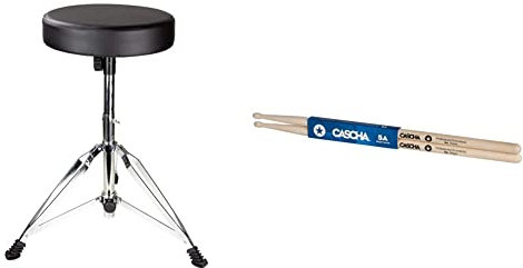 RockJam Tabouret de Batterie réglable Tabouret avec Assise rembourrée & CASCHA Professional Drumsticks de Batterie 5A Robustes en érable I Accessoires de Batterie Professionnels (2 pcs.)