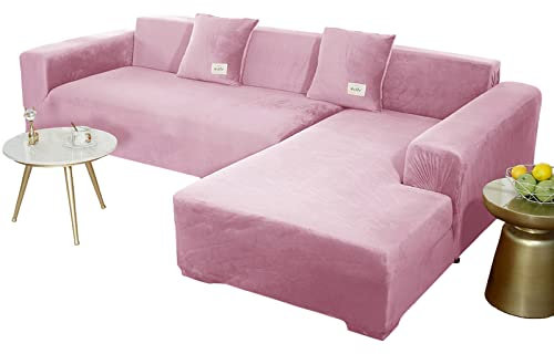JHLD Sofabezug L Form, Stretch Sofabezug Samt L-förmiger Sofabezug Weiche Anti-rutsch Sofa Überwürfe Für Ecksofa-Rosa-3 Sitzer+4 Sitzer