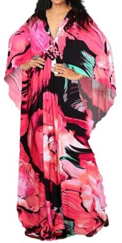 Bsubseach Plus Size Caftan Dresses for Women Swimsuit Cover Up Batwing Sleeve Summer Maxi Kaftan Dress Rose Red Floral