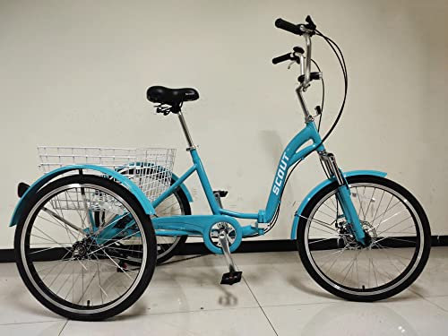 SCOUT Dreirad für Erwachsene, zusammenklappbares Dreirad, 61 cm Räder, 6-Gang-Shimano-Schaltung, Scheibenbremsen vorne und hinten (Blaugrün)