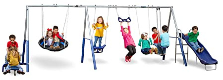 XDP Recreation Fun All Mighty Metal A-Frame Kids Swing Set with 10 Child Capacity Outdoor Backyard Home Playground with Slide and 5 Swing Types,