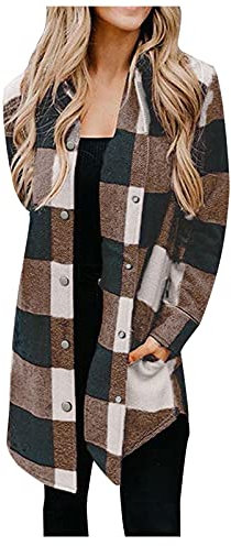 Generic Mantel Kariertes Damen Hemd Winter Bluse Langer Langarm Jacke Knielang Parka Warm Wintermantel Elegant Winterjacke Chic Klassischer Knopfleiste Casual, S08 Brown, 3XL