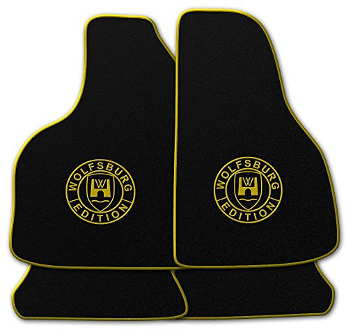 AUTOTEPPICH-Stylers Velours Schwarze Fußmatten passend für VW Golf 1 Cabriolet mit LOGO Wolfsburg Edition WOB und Rand in gelb