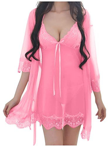 Femme Dentelle Pyjama Lingerie Lingerie Nuisette Lingerie Babydoll Robe Sexy V Col Court Kimono Robe de Chambre Femme Sexy Peignoir Court Satin Kimono Femme Robe de Chambre, Rose, S