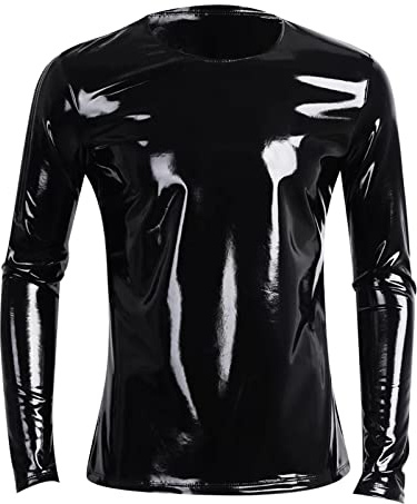Beokeuioe Herren Lack-Optik Jacke Männer T-Shirt Unterhemd Wetlook Oberteile Muskelshirt Lack Leder Mesh mit Stehkragen Sexy Party Clubwear Lack Optik Wetlook bluse