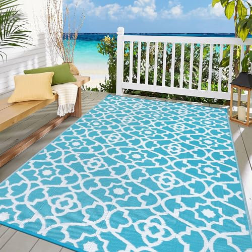 Enyhom Outdoor Teppich für Patio, 150 x 240 cm Robuster Handgefertigte Kunststoffteppich Wasserfest RV Camping Teppich Leichtgewicht Waschbar Garten Teppiche für Balkon Picknick Strand BBQ, Türkis