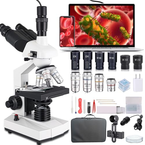 Poothoh Microscopio trinocular Compuesto, Aumento de 40X-5000X, microscopio de Metal Negro con iluminación LED, cámara USB, Escenario mecánico, para Adultos