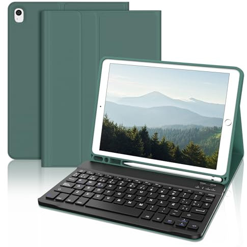 Funda con Teclado para iPad 9a Generación 10.2, Teclado Bluetooth Desmontable con Funda y Portalápices para iPad 9a Gen 2021/8a Gen 2020/7a Gen 2019/iPad Pro 10.5 2017 y iPad Air 3 2019, Verde Oscuro
