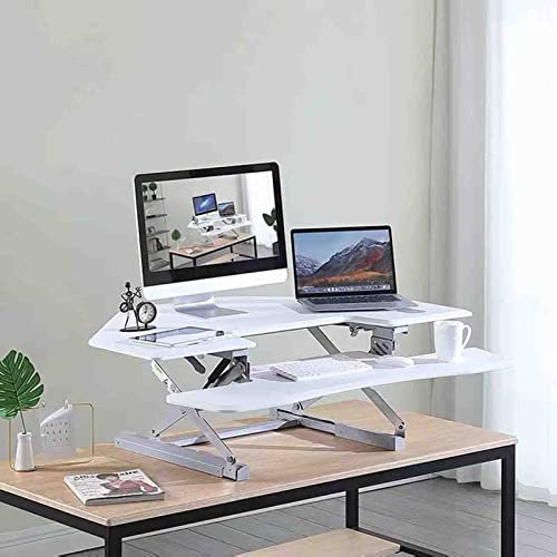 PRUJOY Desk Converter Height Adjustable Riser Sit Stand Dual Monitor Laptop Workstation Wide Keyboard Tray Compact Tier Accessories (White)