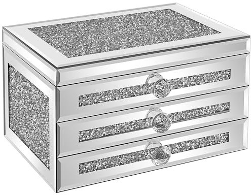 CITYLOVE Schmuckkästchen für Damen, modernes Glas-Schmuckkästchen, Organizer, 3-lagig, 2 Schubladen, viel Stauraum, tolles Geburtstagsgeschenk für Frauen, Silber