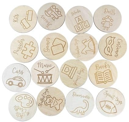 Sharplace 16Pcs Toy Classification Labels Toy Bin Labels Circular Wooden Label Toy Storage Labels for Nursery Playrooms