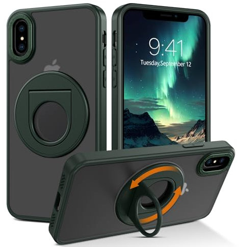VENINGO for iPhone X Case, for iPhone Xs Phone Case, Compatible with MagSafe 360° Rotatable Magnetic Kickstand Ring Holder Matte Translucent Back Shockproof TPU Bumper Protective Cover, Dark Green