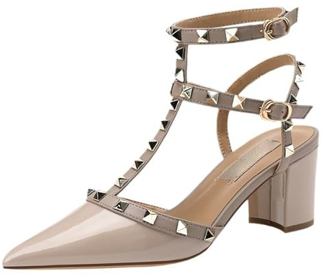 FamMe Spitze, geschlossene Zehenpartie für Damen, klobige Blockabsätze mit nietenbesetzten T-Riemen-Pumps, Slingback-Niete, Knöchelriemen, Kleid, Party-Sandalen, Schuhe