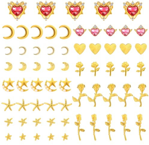 65pcs Gold Nail Charms Set, Alloy Rhinestones Nail Charms with Star Heart Rose Moon Decoration Accessories for Women Manicure