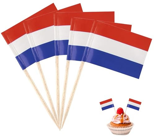 Catelves 100 Stück Niederlande Flagge, Zahnstocher Holz, Deko Party Spieße Fingerfood, Fähnchen für Cake Obst Cocktail Zubehör