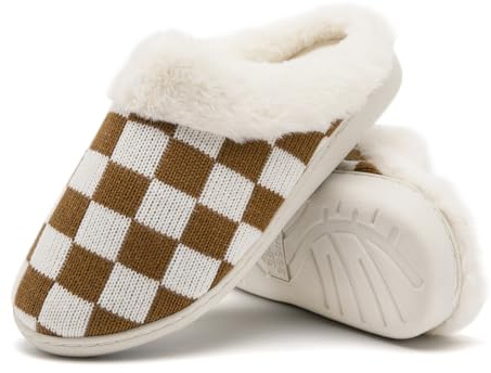 Guyarns Fuzzy Slippers for Women and Men - Soft Memory Foam Knit House Bedroom Non-slip Warm Fleece Lined Checkered Indoor Outdoor (Brown, 2.5/3.5 UK)