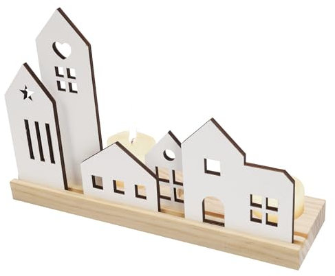 LAMEK Häuser Kerzenhalter Mini Haus Kerzenständer Holz 4CM Kerzen Halter Holzhaus Kerzenteller Dekohaus Stabkerzenhalter Tisch Kerzenuntersetzer für 4 Stabkerzen Fenster Kamin Adventskalender