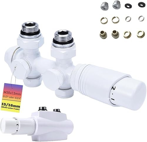 Multiblock Set mit Thermostat, Eck und Durchgangsform Hahnblock für Heizkörper Badheizkörper Anschlussarmatur Mittelanschluss Heizkörperventil Ventil-Armaturen Messing, G1/2 G3/4, 15/16mm, Weiß