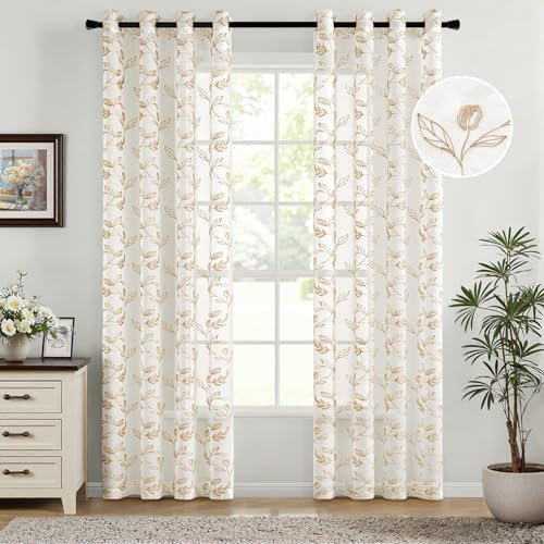 Woaboy Tende per Interni 140x225cm Taupe Tende con Motivo a Foglia Finestre Voile Trasparenti per Soggiorno e Camera da Letto 2 Pezzi