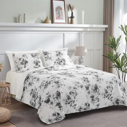 SHALALA NEW YORK Bettwäsche-Set aus Baumwolle, Blumenmuster, Queen-Size-Größe, Grau und Weiß, 3-teilig, leicht, gesteppt, mit Kissenbezügen für alle Jahreszeiten