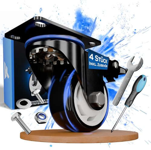 FIXCRAFT Hochwertige Schwerlastrollen mit Bremse [4 Stk] - Möbelrollen mit Bremse mit 50mm, 75mm, 100mm - Lenkrollen bis 400kg, Transportrollen für Möbel & Industrie - Rollen Schwerlast