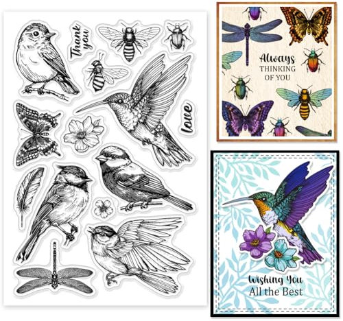GLOBLELAND Klare Stempel Mit Vogel Libellen Und Schmetterlingsmotiv Biene Kolibri Feder Silikon Klarstempel Siegel Blumen Insekten Tiere Transparente Stempel Für DIY Scrapbooking Karten Fotoalbum