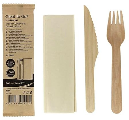 Monouso | 25 Sets de Cubiertos de Madera Barnizado Tenedor, Cuchillo y Servilleta, Desechables, Compostables, Eco-friendly, Enfundados, Envueltos individualmente.