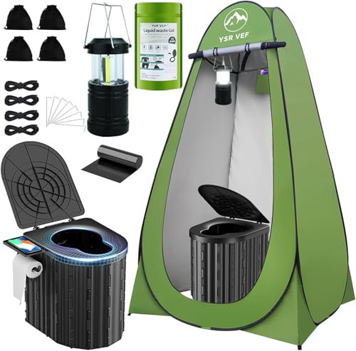 Campingtoilette mit Pop-Up-Sichtschutzzelt und flüssigem Abfallgel, tragbare Toilette mit großem Zelt und Campinglaterne, ergonomisches Töpfchen bietet verbesserten Komfort, geeignet für alle
