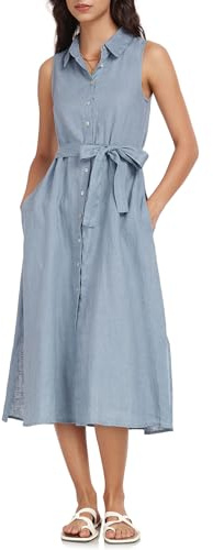 Amazhiyu Leinenkleider Damen Sommer Hemdkleid Blusenkleid Lang Mit Taschen