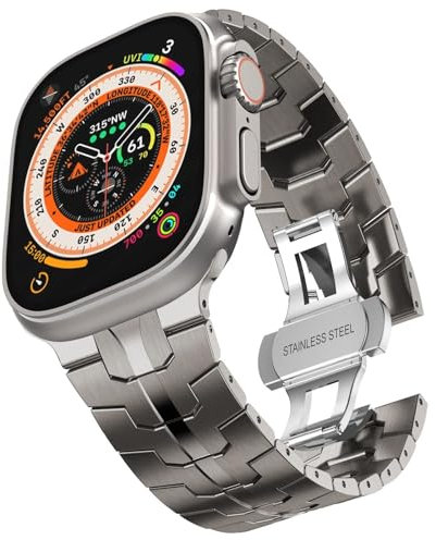 NEYENS Correa de acero inoxidable para Apple Watch Ultra 2 Band 49 mm 45 mm 44 mm 42 mm, correa de metal con cierre plegable para Apple Watch Series 9 8 7 6 5 4 3 2 1 Ultra/Ultra 2 Men(Titanium)