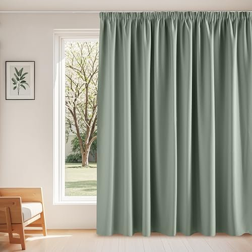 PONY DANCE Wohnzimmer Gardinen für Große Fenster Salbeigrüne Blickdichte Vorhänge mit Kräuselband 1er Set H 245 x B 300 cm Verdunkelungsvorhang für Schiene Raumteiler Vorhang Kälteschutz