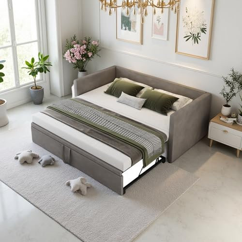 DAHUEN Tagesbett 90/180 x 200 cm, Sofa mit Schlaffunktion, Bett mit Lattenrosten, Ausziehbares Schlafsofa, ausklappbar mit Lattenrost, Samt, ohne Matratze (grau, 90/180 * 200cm)