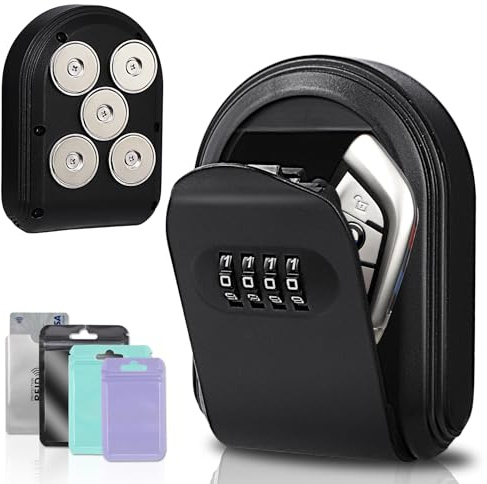 FEUNLEM Secure Magnetic Key Holder for Cars – 5 Strong Magnets Anti-Drop Combination Lock Box, Hide a Key Under Car with Resettable Code, Waterproof & Dustproof Design for Outdoor (Black)