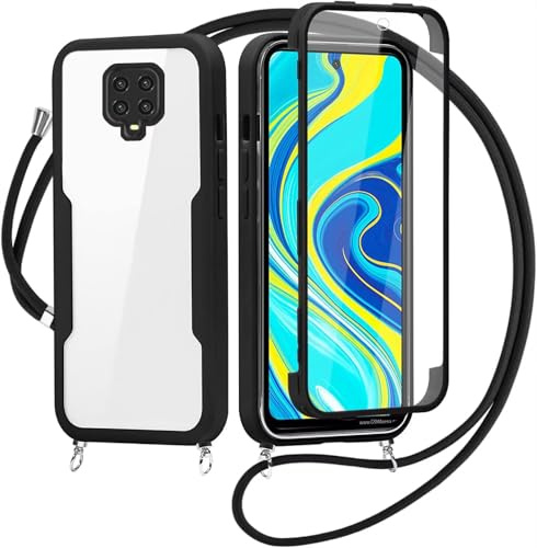 Handykette für Redmi Note 9S/Note 9 Pro Hülle mit Band,Transparent 360 Grad Rundumschutz Schutzhülle mit Integriertem Displayschutz Stoßfest Ultradünn Silikon Handyhülle für Redmi Note 9S,Schwarz