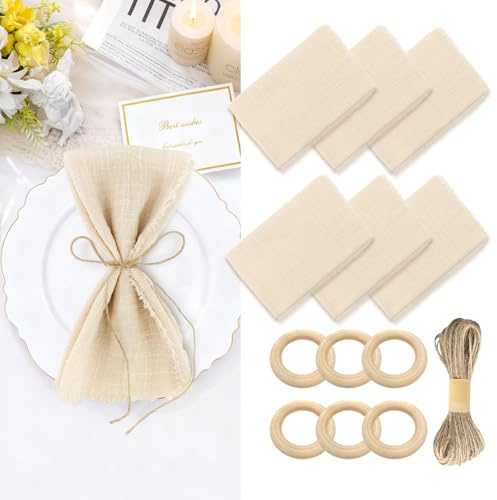 Yuaerbuo 6 Stück Stoffservietten Beige Baumwolle mit Fransen, 42*42cm Servietten Stoff Beige Leinen Servietten mit 10m Schnur 6 Serviettenring Natur Leinenservietten mit Hohlsaum für Tischdekoration